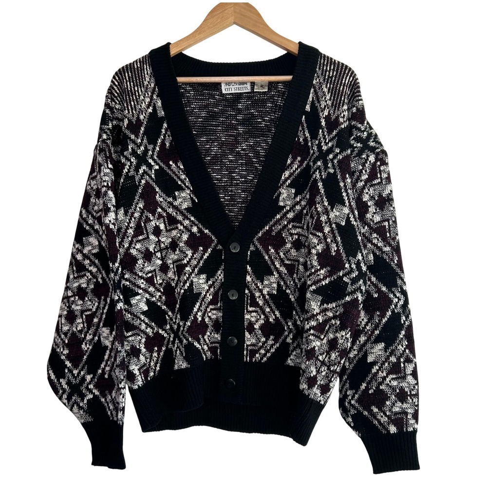 Vintage 90s Cardigan‎ Sweater Geometric Knit V-Neck goth/grunge style